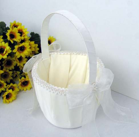 Wedding Flower Girl Petal Basket White Bows Pearl Ring Design